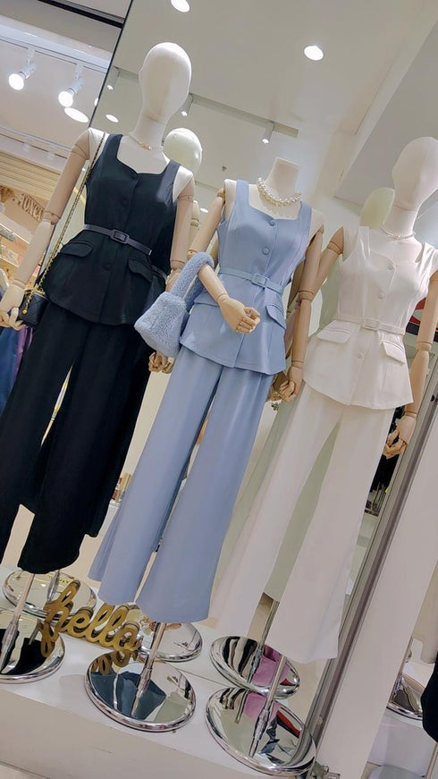 Single Breasted Square Neck Tops And Trousers Sets With Belt